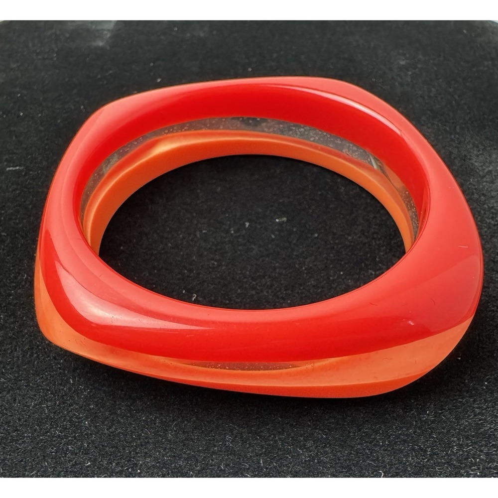Vintage 1960s Red Orange Resin Bangle Bracelet: Chunky Lucite Square Jewelry